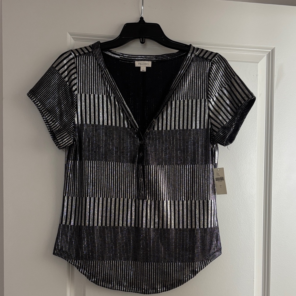 Nwt Pilcro (Anthro) Black And Silver Striped Blouse
